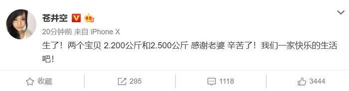 苍井空直播产下双胞胎男孩：“我会努力，成为一位好母亲。”